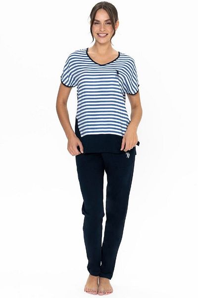 U.S. Polo Assn. Set de pijamale din bumbac, cu decolteu în V, cu mâneci scurte, cu dungi, cu buzunare, pentru femei