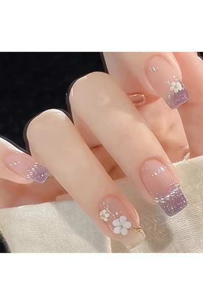 NAİLS Women's Heart 24'lü 3d Çiçek Temalı Kare Orta Takma Tırnak Seti