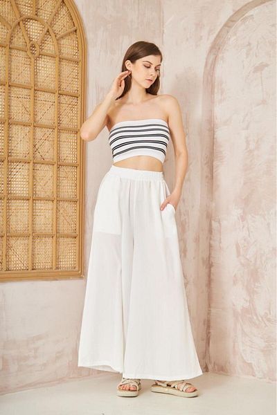 Pasaklı Giyim Women's Elastic Waist Pocketed Wide Leg Loose Oversize Soft Textured Casual Pants 3391260
