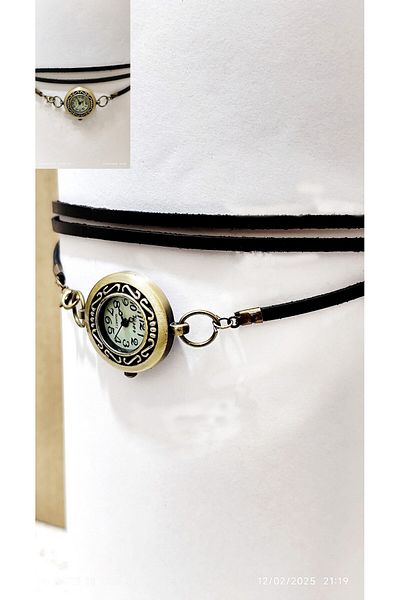 LADYMİRAGE Leather Choker Necklace with Vintage Clock