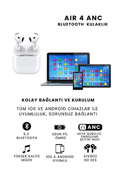 Genel Markalar Air 4 ANC Bluetooth Kulaklık Gürültü Önleyici Yüksek Ses Kalitesi Hediye Kılıf ve Askı İpi