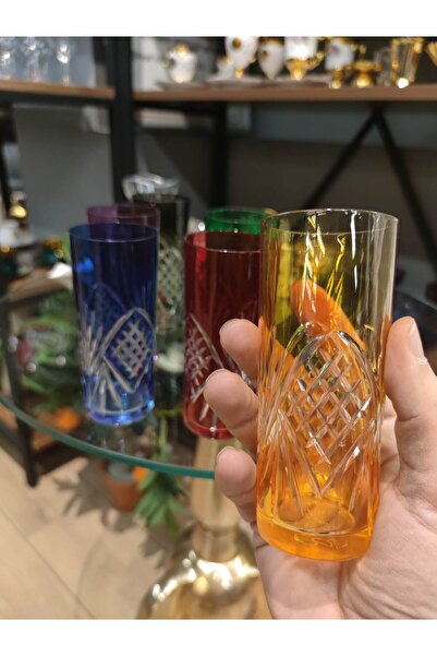 P&ORA PREMIUM KITCHEN PRODUCTS P&ORA 6 Lİ RENKLİ KRİSTLAL KESME KAHVE YANİ SU BARDAĞI ( Raki bardağı)
