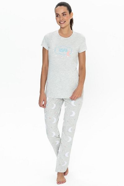 U.S. Polo Assn. Bumbac, Gât rotund, mânecă scurtă, imprimeu lunar, set pijamale damă