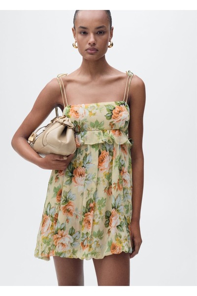 MANGO Woman Short Floral Dress Ruffle Detailed