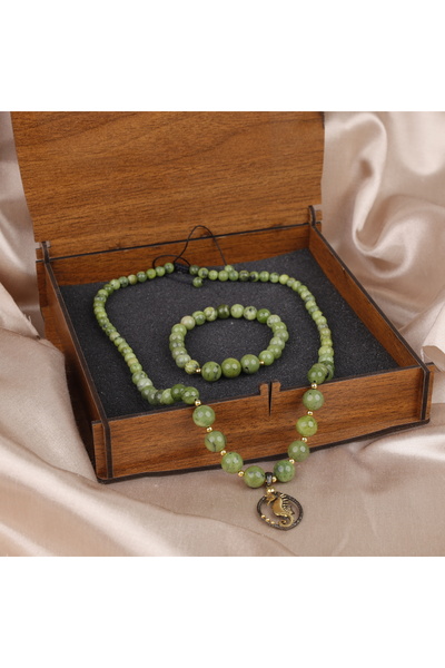Aksesuarlia Jade - Hematite Natural Stone and Silver Necklace and Bracelet