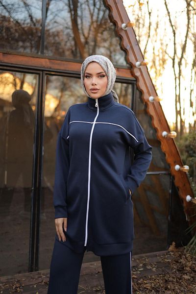 Bwest Zippered Short Plain Double Hijab Tracksuit Set - (38-46) - 71230 - Navy Blue