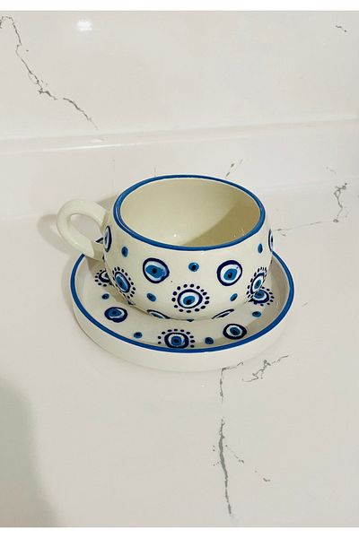 MOSHOME Special Handmade Plate Ceramic Mug with Evil Eye Beads, Tea and Coffee Cup