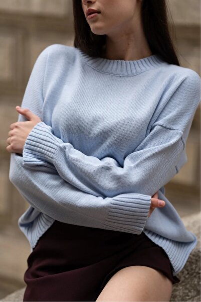 MODASPARK Mavi Bisiklet Yaka Oversize Kadın Triko Kazak