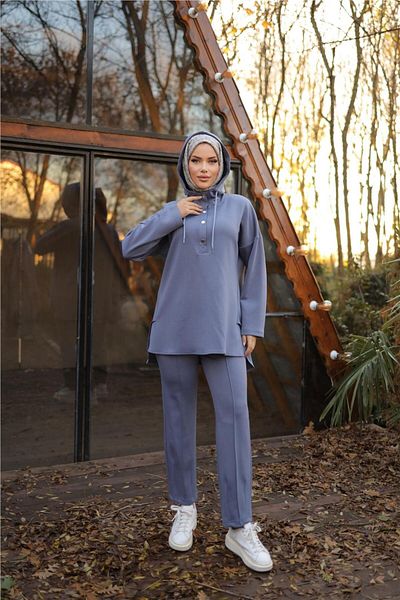 Bwest Hooded Half Snap Short Double Hijab Tracksuit Set - (38-46) - 71234 - Indigo