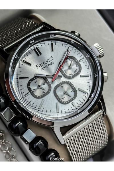 Ferrucci Men's Wristwatch - 44mm Case, Active Functions, Silver Color Steel Mesh Band