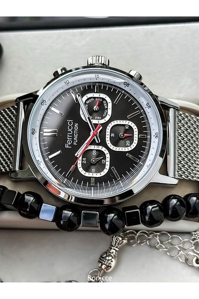 Ferrucci 44mm Case, Men's Wristwatch Functions Active,Silver Color Steel Band,Wristband Rosary Gift