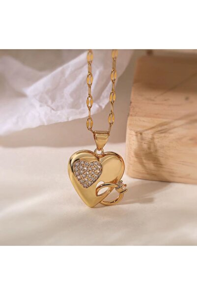 xesha Çelik Gold Renk Kalp ve Yüzük Kolyesi Sevgiliye Muhteşem Bir Aşk Kolyes...