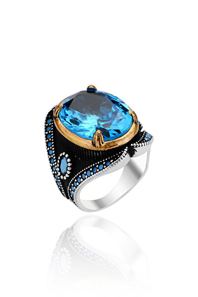 KAR DİAMOND 925 Ayar Gümüş Oval Aqua Mavi Topaz Taşlı Gümüş Padişah Yüzüğü