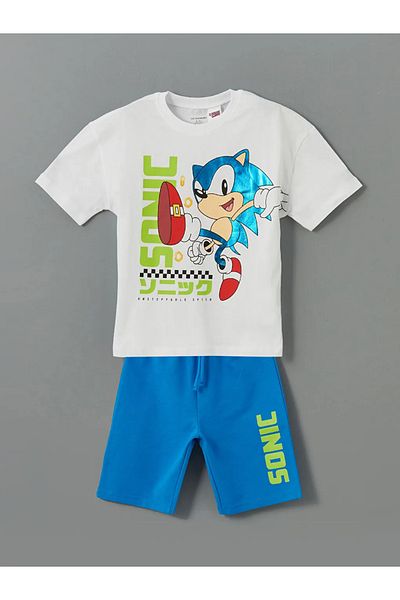 LC Waikiki Lcw Kids White Sonic Printed Boys T-Shirt and Shorts 2-Piece
