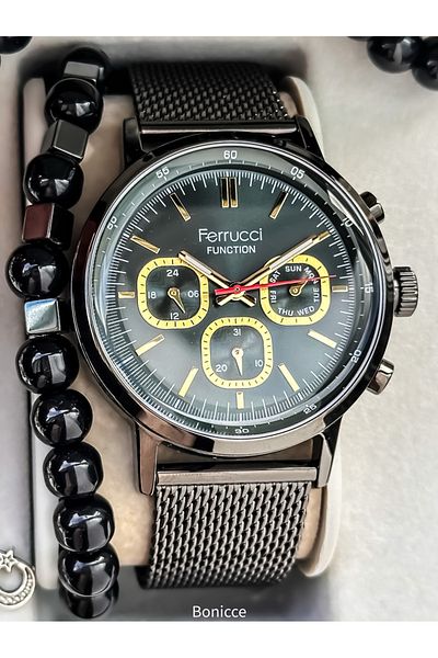 Ferrucci Men's Wristwatch 44mm, Active Functions, Smoked Steel Cord & Bracelet Rosary