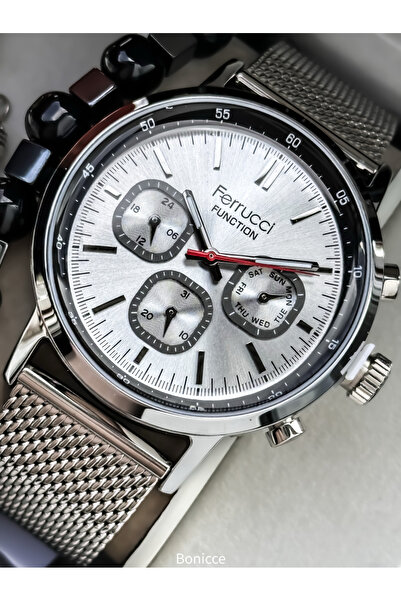 Ferrucci Men's Wristwatch - 44mm Case, Active Functions, Silver Color Steel Mesh Band