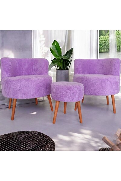 Edam Lila Çay Seti İkili Koltuk Berjer ve Puf Takımı (Salon, Balkon, Ofis) 3'...