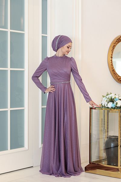 Modarafta Işıl Işıl Plus Size Shiny Fabric Stone Hijab Evening Dress