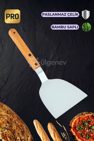 Ülgenev 1 Piece 25 cm Bamboo Handle Stainless Steel Steak Shovel & Pastry, Dough Cutter Griddle Spatula
