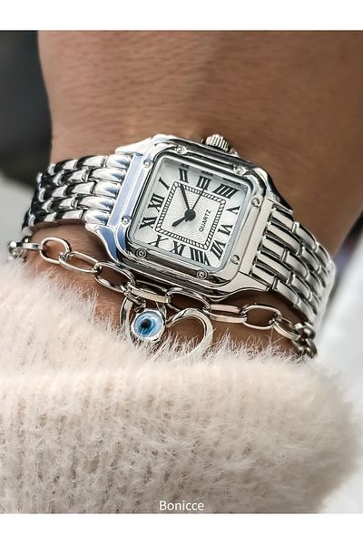 Bonicce نموذج عتيق في صندوق هدايا خاص، علبة مربعة، لون فضي، سوار ساعة يد نسائية أنيق