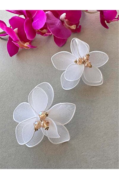 Pelin Aksesuar Beyaz Kumaş Kristalli Büyük Küpe