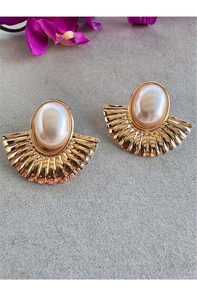 Pelin Aksesuar Vintage Fan Earrings with Pearls