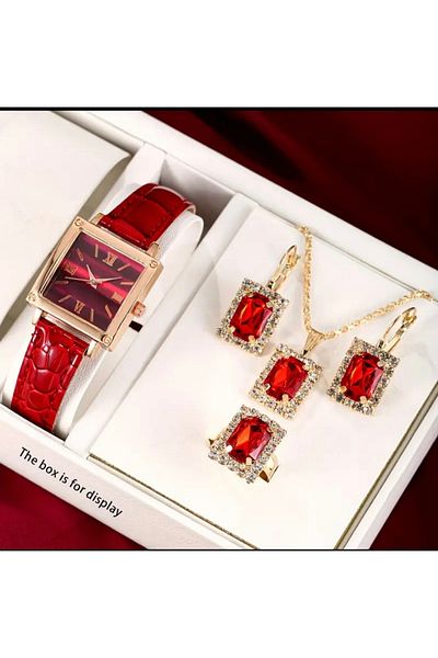 ÖZEL AKSESUARLAR 3D MODELLER Red Color Pu Leather Strap Square Case Quartz Wrist Watch & Rhinestone Jewelry Set