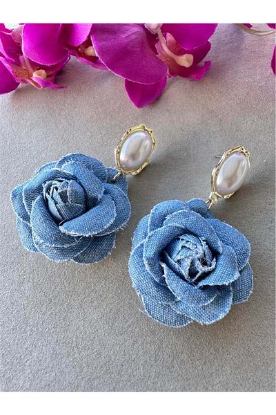 Pelin Aksesuar Blue Jeans Pearl Flower Earrings