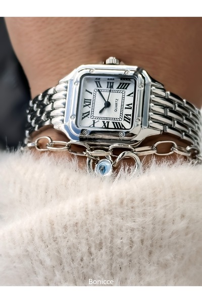 Bonicce Özel Hediyelik Kutuda Vintage Model, Kare Kasa, Gümüş Renk, Şık Kadın Kol Saati Bileklik