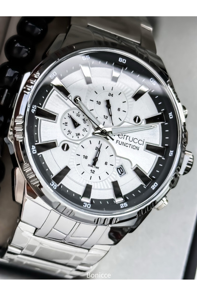 Ferrucci Brand Silver Color Steel Cord White Dial Men's Wristwatch with Calendar Rosary Bracelet