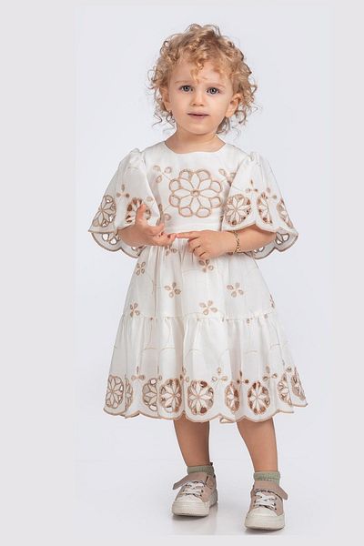 Tivido Short Flounce Sleeve Flower Embroidered Girl's Dress - Ecru Beige