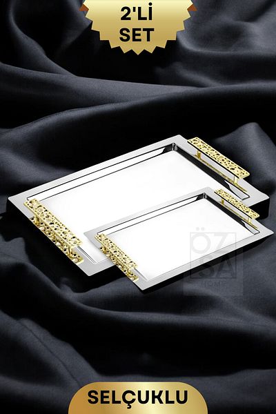 ÖzSa Home 2'Li Rectangular 18/10 Stainless Steel Serving Presentation Tea Coffee Promise Engagement Tray Tray Set Seljuk