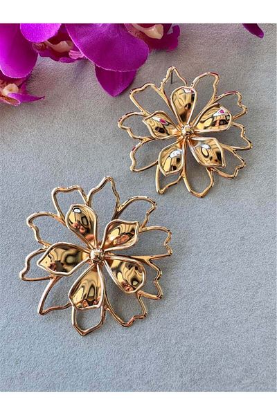 Pelin Aksesuar Gold Large Layered Flower Earrings