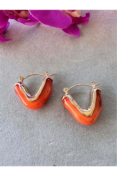 Pelin Aksesuar Orange Smoked Bone Stone Triangle Hoop Earrings