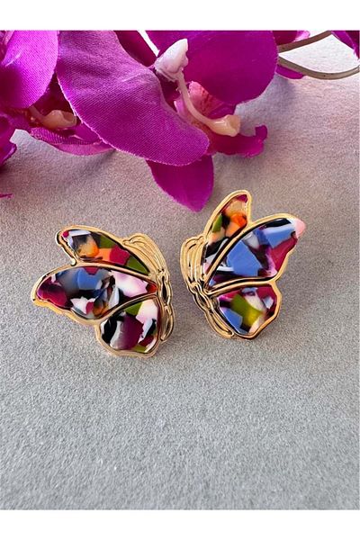 Pelin Aksesuar Navy Blue Red Variegated Butterfly Earrings