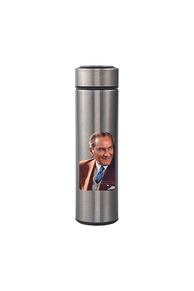 DKDZ SHOP Ataturk Printed Steel Silver Thermos with Indicator 450ml.-008