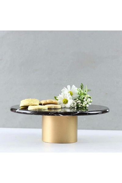 Akayev Marble 25 Cm Black Round Presentation Plate with Metal Legs