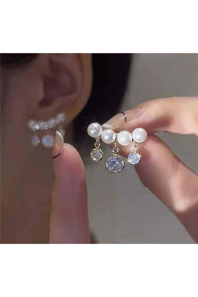 Pelin Aksesuar Gold Pearl Stone Dangle Earrings