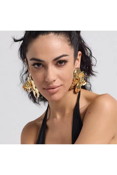 Pelin Aksesuar Gold Extra Large Size Flower Earrings
