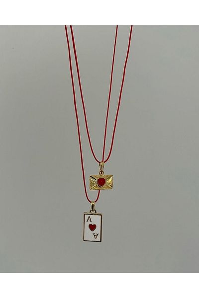 Claritas Takı Red Luck Drawstring Cup Ace and Red Heart Letter Necklace Set of 2