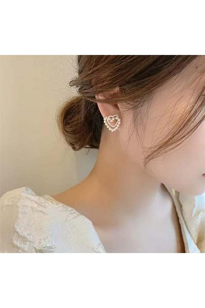 Pelin Aksesuar Gold Pearl and Stone Nested Heart Earrings