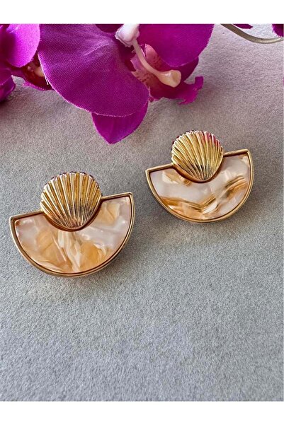 Pelin Aksesuar Krem Alacalı Taşlı Midye Küpe