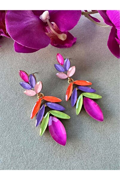 Pelin Aksesuar أقراط طويلة مرصعة بالأحجار الملونة