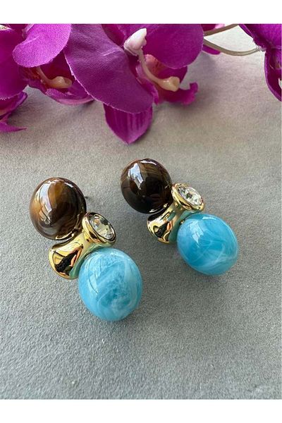 Pelin Aksesuar Blue Brown Circle Stone Earrings