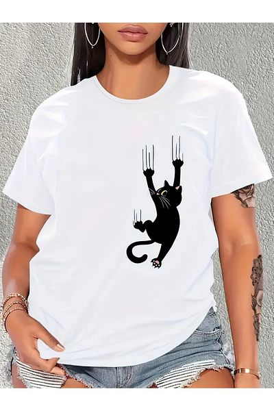 Frisson Unisex Cat Printed Crew Neck Oversize T-Shirt