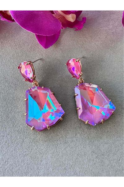 Pelin Aksesuar Pink Glass Crystal Stone Earrings