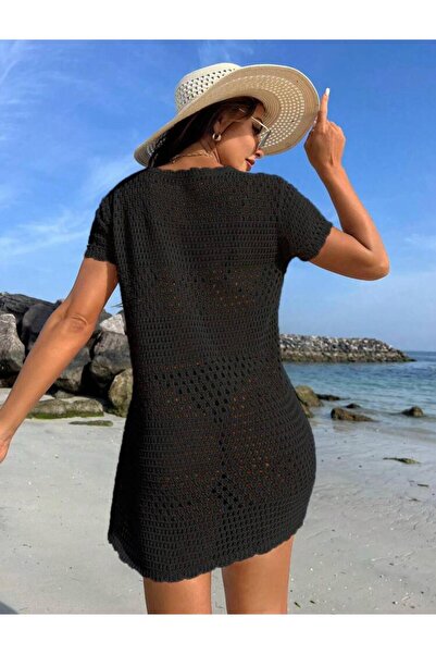 DRESSY CL Bisiklet Yaka Ajurlu Desen Kısa Kol Bikini Üstü Pareo-Plaj Elbisesi
