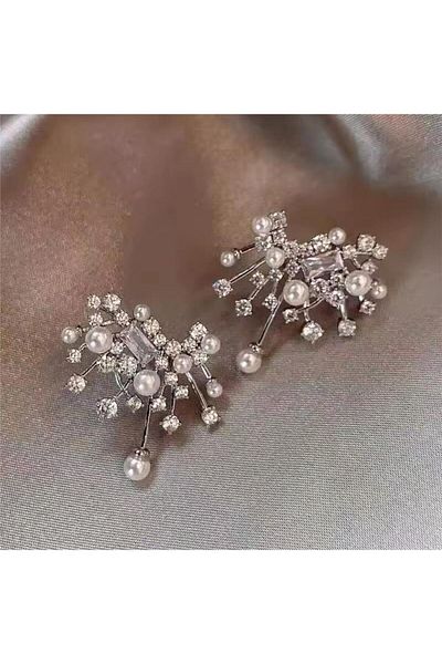 Pelin Aksesuar Silver Pearl and Stone Evening Dress Earrings