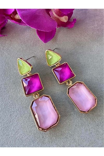 Pelin Aksesuar Green Pink Geometric Earrings