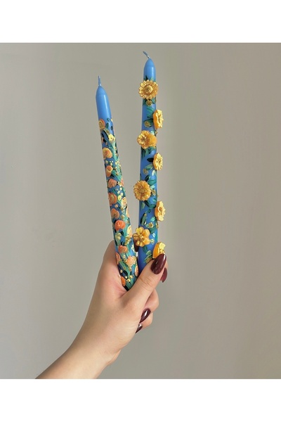 inrobert Golden Bloom El Yapımı Dekoratif Mum Seti – Mavi Zemin Üzerine Sarı Çiçek Desenli 2’li Set)